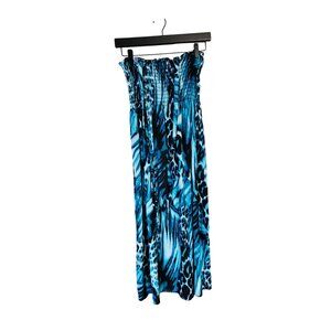 Blue & Black Animal Print Neck tie Maxi Dress Smocked Top Womens S